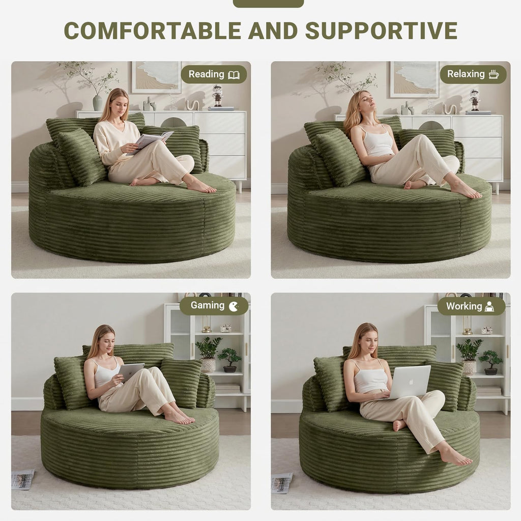 ivoros Oversized Round Lounge Chair Indoor, Corduroy Upholstered Deep Seat Cloud Circle Sofa Chair, Fluffy Boneless Sleeper Chair for Reading & Lounging, No Assembly Required (Green)