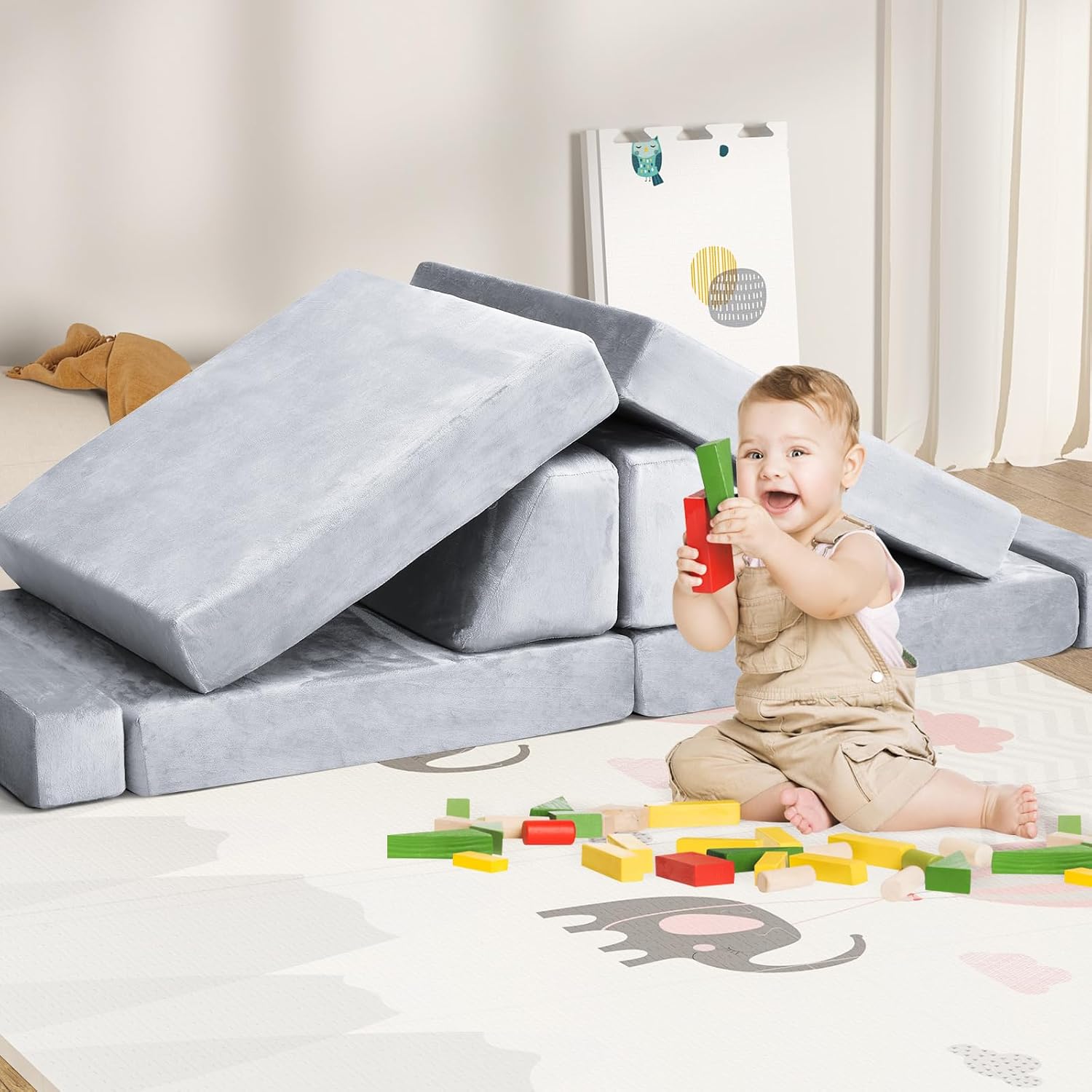 whiffee 10Pcs Kids Play Couch,Toddler Sofa,Modular Kids Couch for Playing, Creativing, Sleeping (Grey)