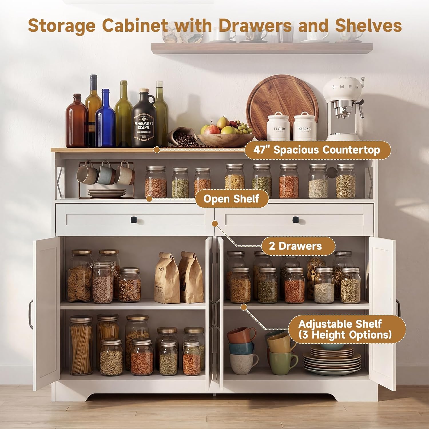 Lahomie Sideboard Buffet Cabinet with Storage, 47" Kitchen Buffet Cabinet with Charging Station, Farmhouse Coffee Bar Station with Drawers and Doors, Credenza for Kitchen Living Room Entryway, White