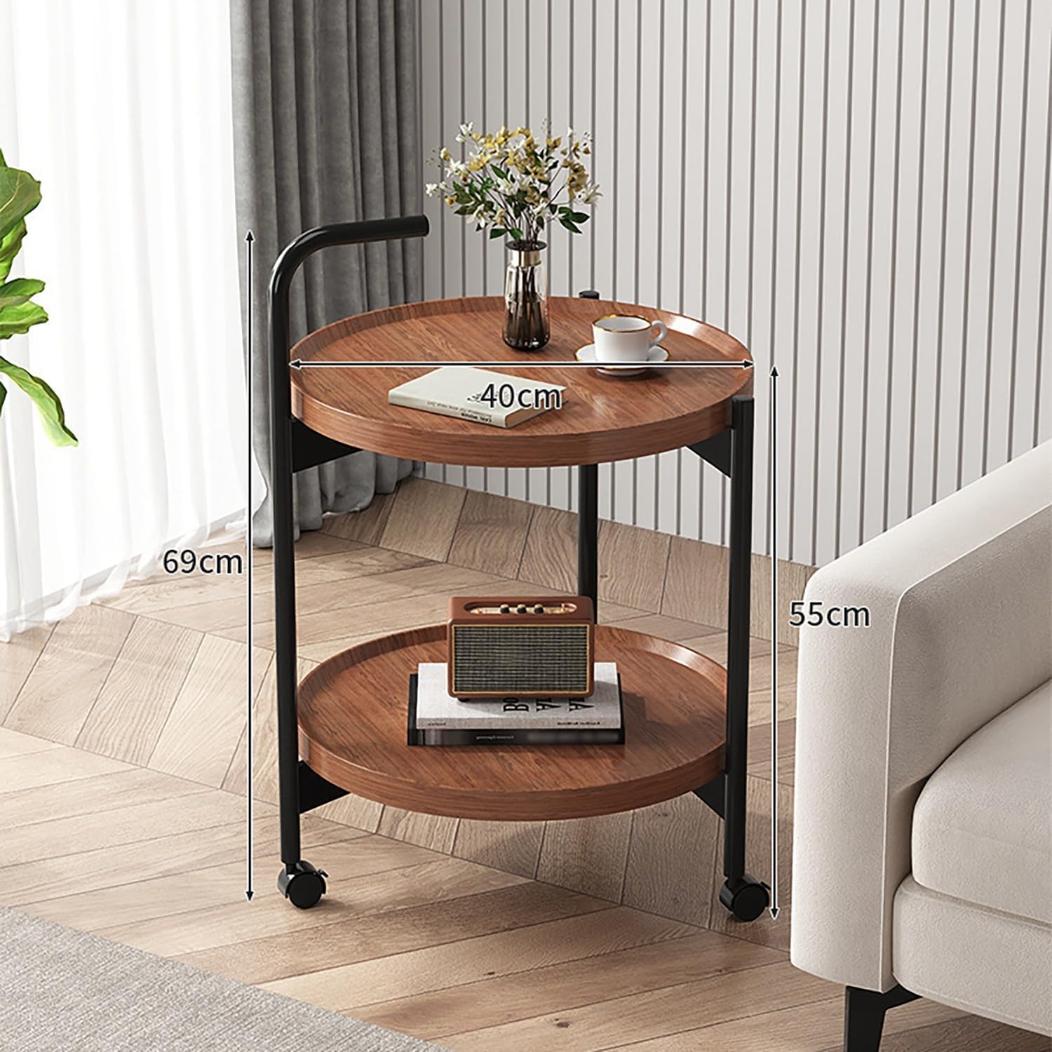 Rolling Side Table with Wheels, 2-Tier Round End Table for Small Spaces, Mobile Nightstand with Storage Shelf, Sofa Side Table for Living Room & Bedroom(Brown,40cm)