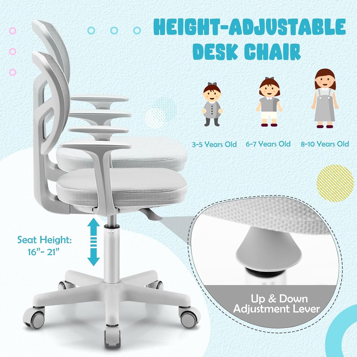 Kids Desk Chair, Height Adjustable Children Study Chair w/Lumbar Support, Swivel Mesh Seat, Universal Casters, Ergonomic Kids Task Chair for Boys Girls Aged 3-10, Home, School, Office(Grey)