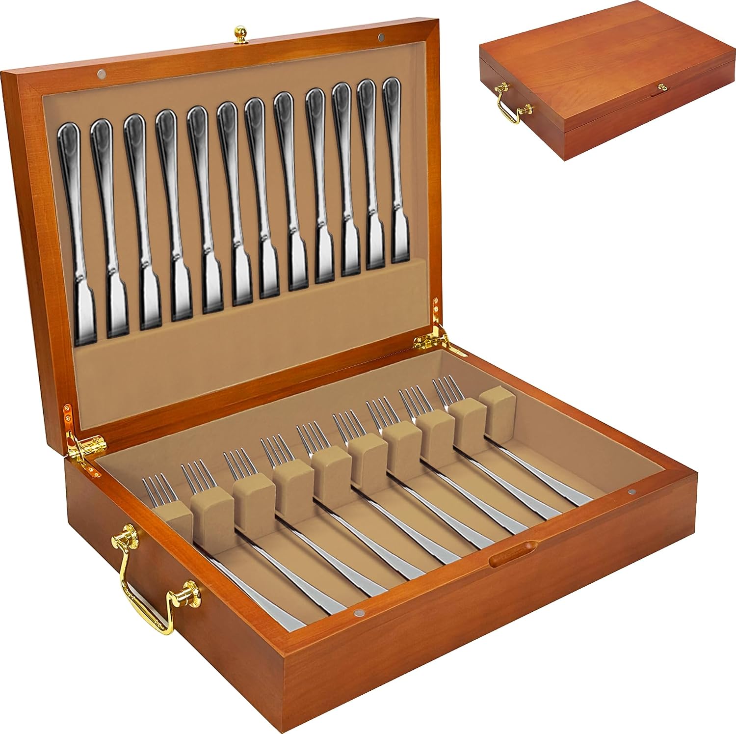 Silverware Storage Box Solid Wood with Lid, Silverware Organizer with Handle and Felt Lined, Silverware Storage Chest for Flatware and Utensils Home Decor Gift, Chest for Flatware Setting Up 15