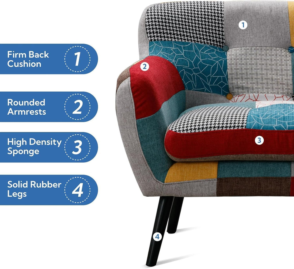 Bonzy Home Modern Colorful 3 Piece Coroful Fabric Sofa Set, Included Accent Chair and Boho 2 Loveseat, Linen Patchwork Plaid Couches with Rubberwood Legs and Removable Upholstered for Living Room