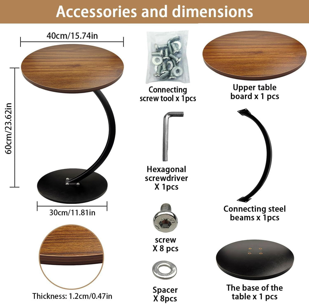 C-Shaped Side Table, Round End Table with Wooden Top & Metal Frame, Compact Living Room Coffee Table for Sofa, Bed, or Nightstand Use C