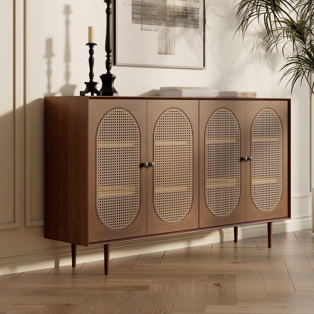 Entryway Cabinet Retro Rattan Sideboard Wall Kitchen Storage Cabinet Modern Restaurant Wine Cabinet Sideboard Storage Cabinet(Small)