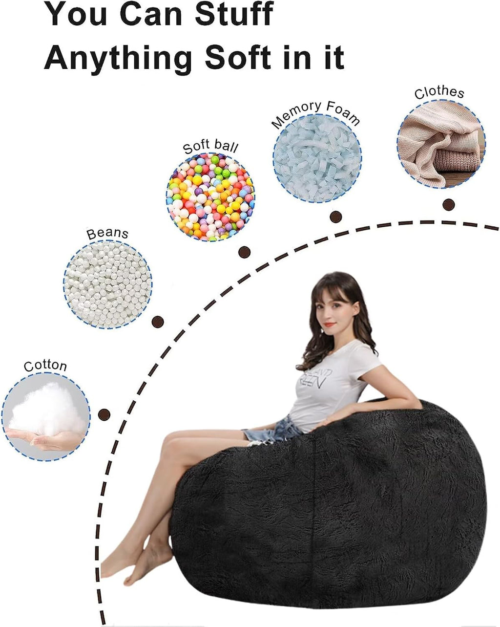 HDMLDP Bean Bag Chair for Adults Kids Without Filling Comfy Fluffy Giant Round Beanbag Lazy Sofa Cover for Reading Chair Floor Chair, 6FT, Black