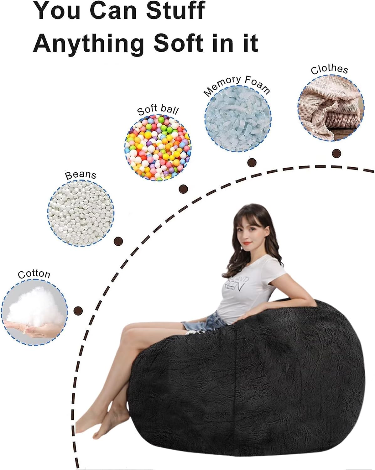 HDMLDP Bean Bag Chair for Adults Kids Without Filling Comfy Fluffy Giant Round Beanbag Lazy Sofa Cover for Reading Chair Floor Chair, 6FT, Black