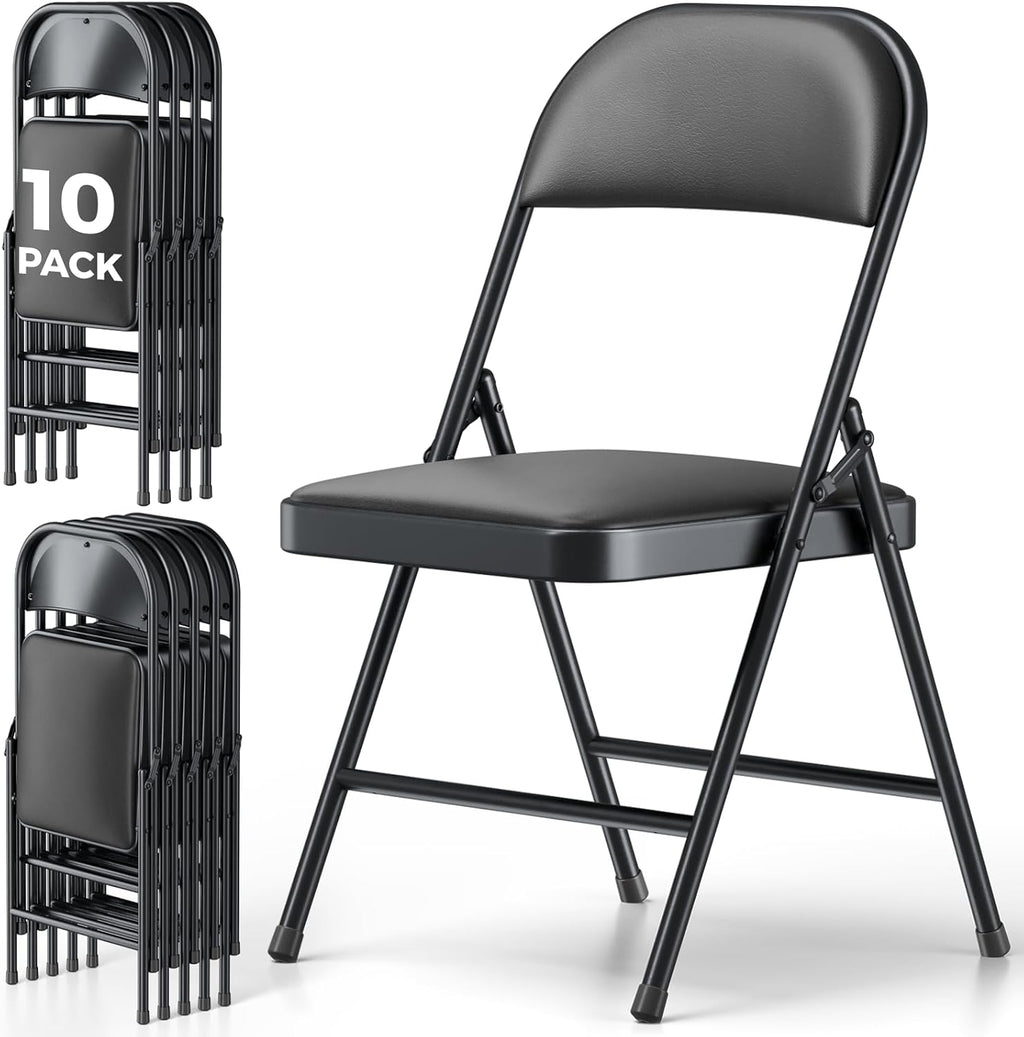 10 Pack Folding Chairs, PU Leather Folding Dining Chairs with Padded Cushion Seat & Back, Indoor Outdoor Folding Chair Set for Home Office, Parties, Events, Wedding, Extra Guest Seating