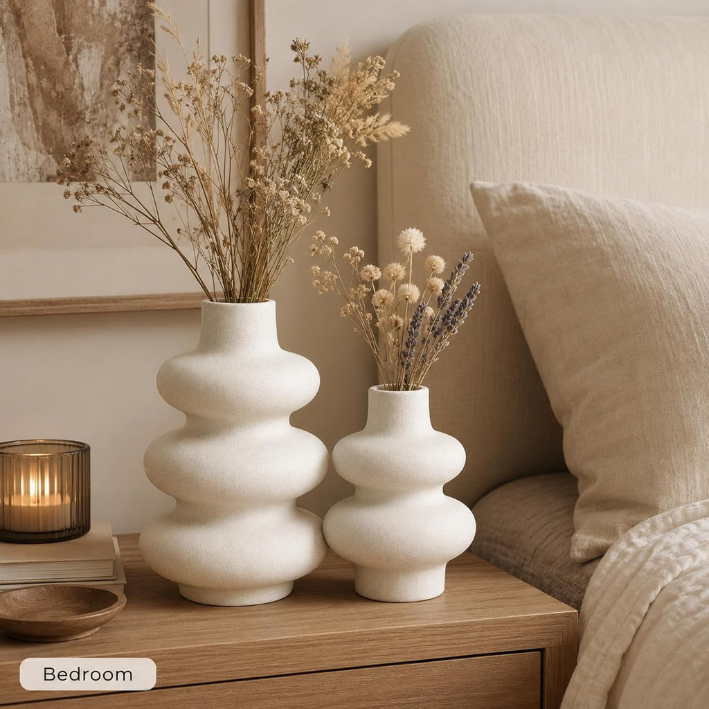 Ceramic Vase Set, Modern White Vases for Living Room Decor | Set of 2 off white ceramic round vases styles pampas, dried stems or empty display for modern neutral decor.