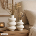 Ceramic Vase Set, Modern White Vases for Living Room Decor | Set of 2 off white ceramic round vases styles pampas, dried stems or empty display for modern neutral decor.