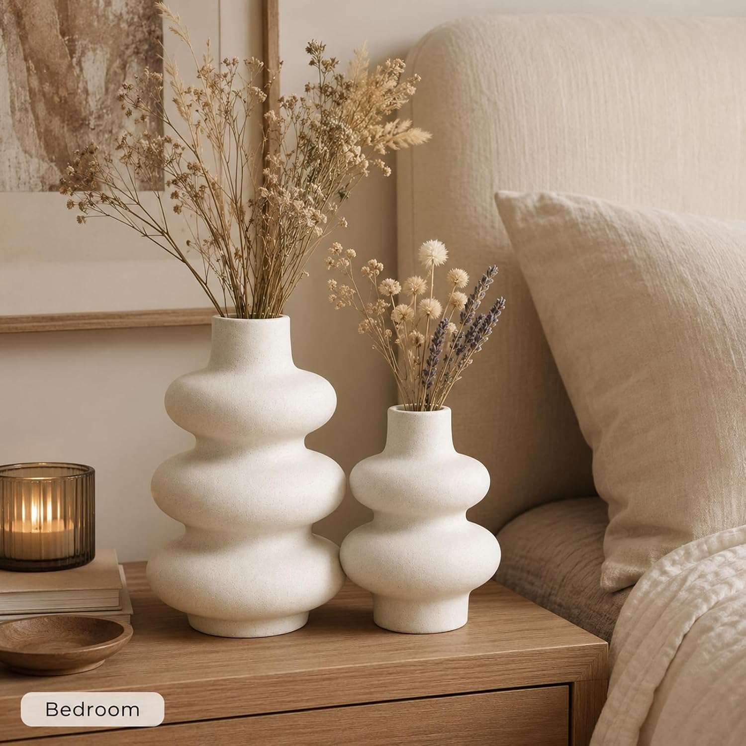 Ceramic Vase Set, Modern White Vases for Living Room Decor | Set of 2 off white ceramic round vases styles pampas, dried stems or empty display for modern neutral decor.