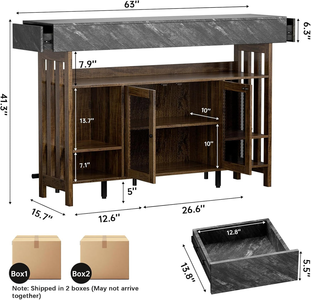 Loomie Bar Table Cabinet with Grey Marble Top & LED Lights & 2 Drawers, Home Bar Unit with Adjustable Shelf & Footrest, 41.3" Counter Height Pub Table, Wine Liquor Bar for Home Pub (Rustic Brown)