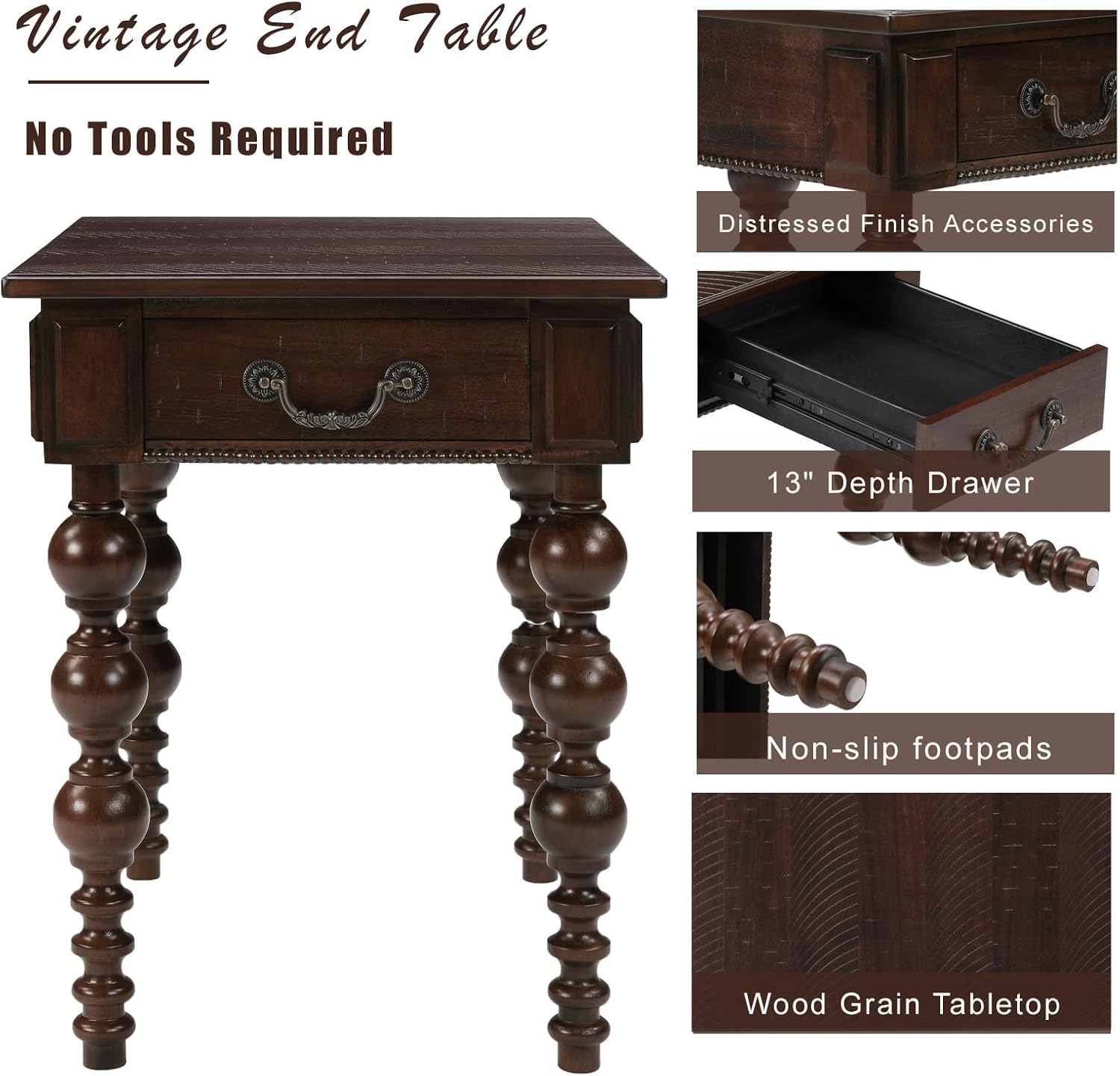 Homora Rectangular Wooden End Table with Storage Drawer, Vintage Narrow Sofa Table with Solid Wood Gourd-Shaped Legs, Farmhouse Side Table for Living Room Apartment Office, Espresso