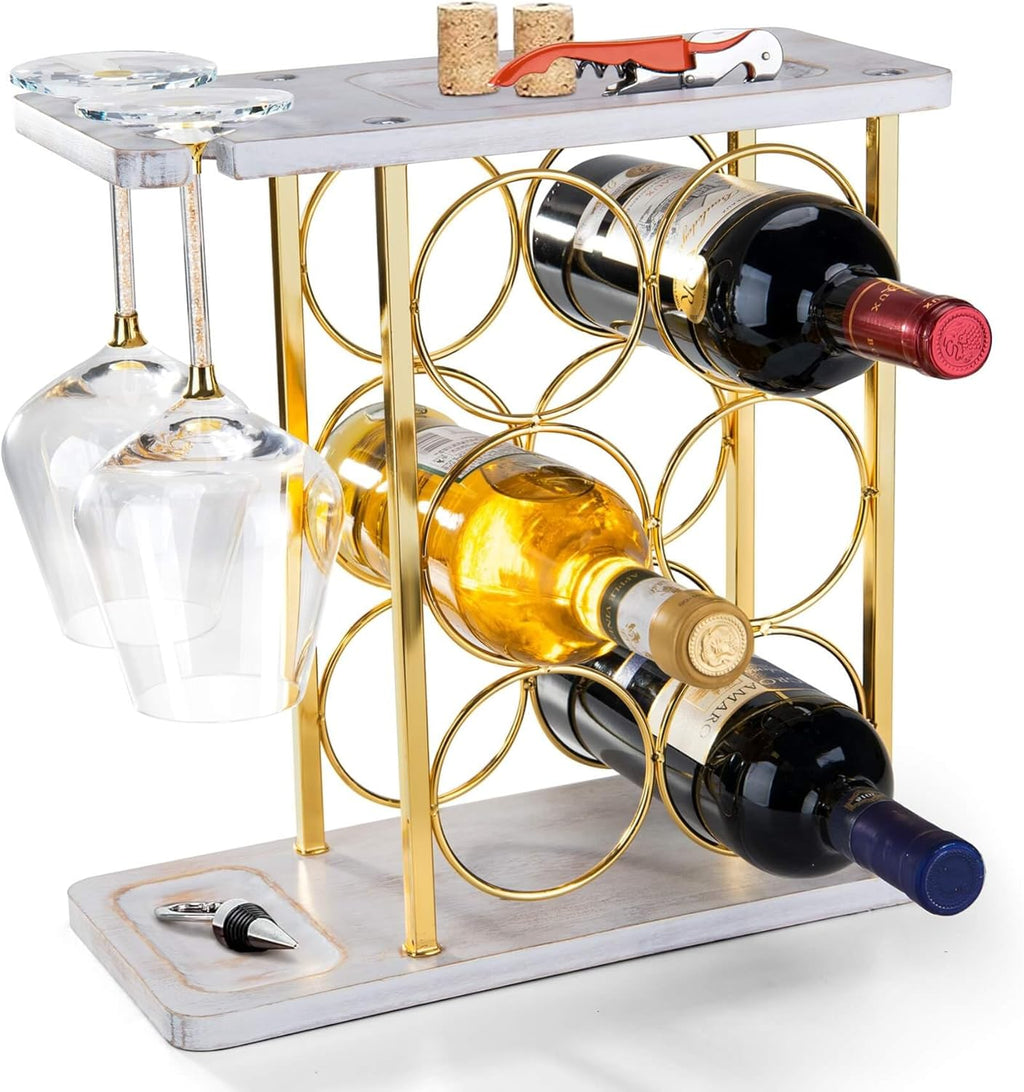 Gold Wine Rack with Glass Holder, Countertop Wooden Wine Holder for 6 Bottles & 2 Glasses, Includes Storage Trays for Corks & Openers – Perfect White & Gold Wine Display for Home Bar & Kitchen Decor
