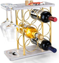 Gold Wine Rack with Glass Holder, Countertop Wooden Wine Holder for 6 Bottles & 2 Glasses, Includes Storage Trays for Corks & Openers – Perfect White & Gold Wine Display for Home Bar & Kitchen Decor