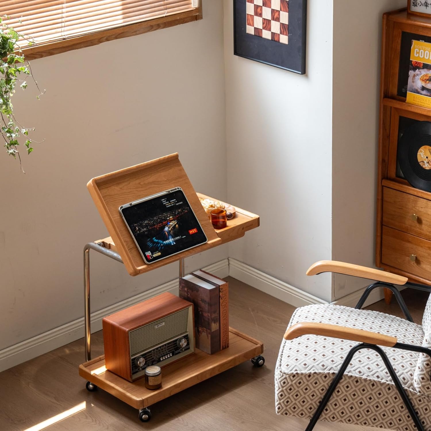Adjustable C Shaped End Table with Lockable Wheels – Rolling Small Side Table, Couch Tables that Slide Under, Wood Side Table for Sofa, Bed & Living Room