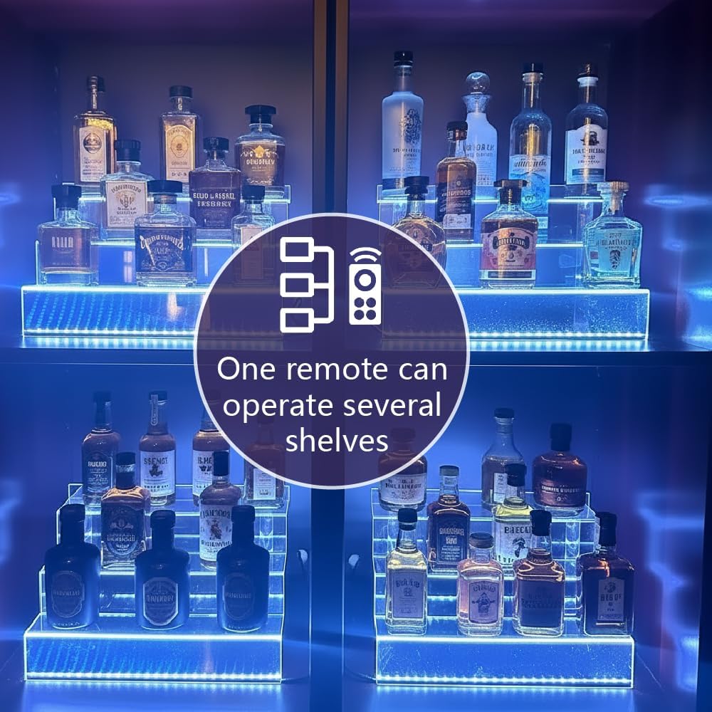 YMVV LED Lighted Liquor Bottle Acrylic Display, 3 Tiers 15.7 Inch LED Liquor Shelves with RF Remote, Liquor Bottle Accessories Shelf for Home Bar