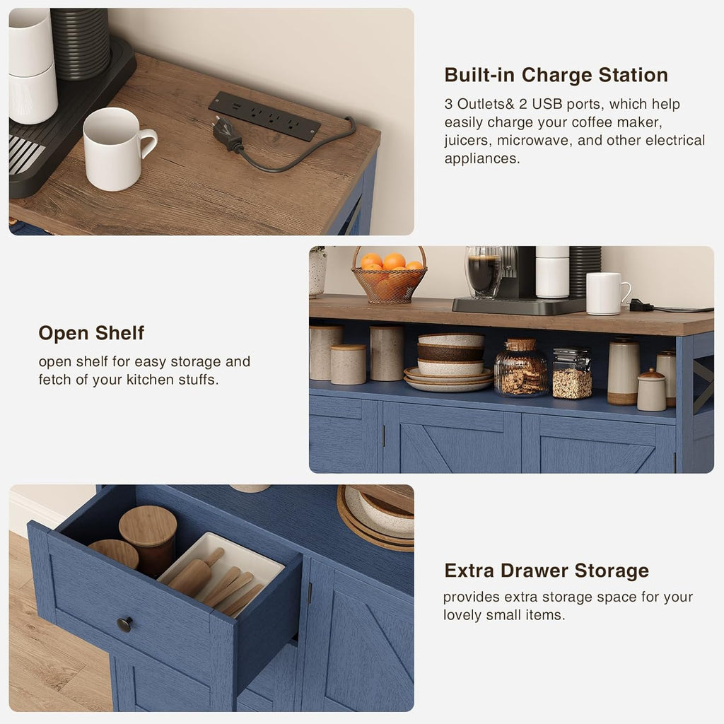 FiveWillowise 47" Blue Farmhouse Storage Cabinet with Barn Doors and Drawers, Sideboard Buffet Cabinet with Storage, Kitchen Pantry Hutch, Coffee Bar Station Table for Kitchen, Living, Dining Room