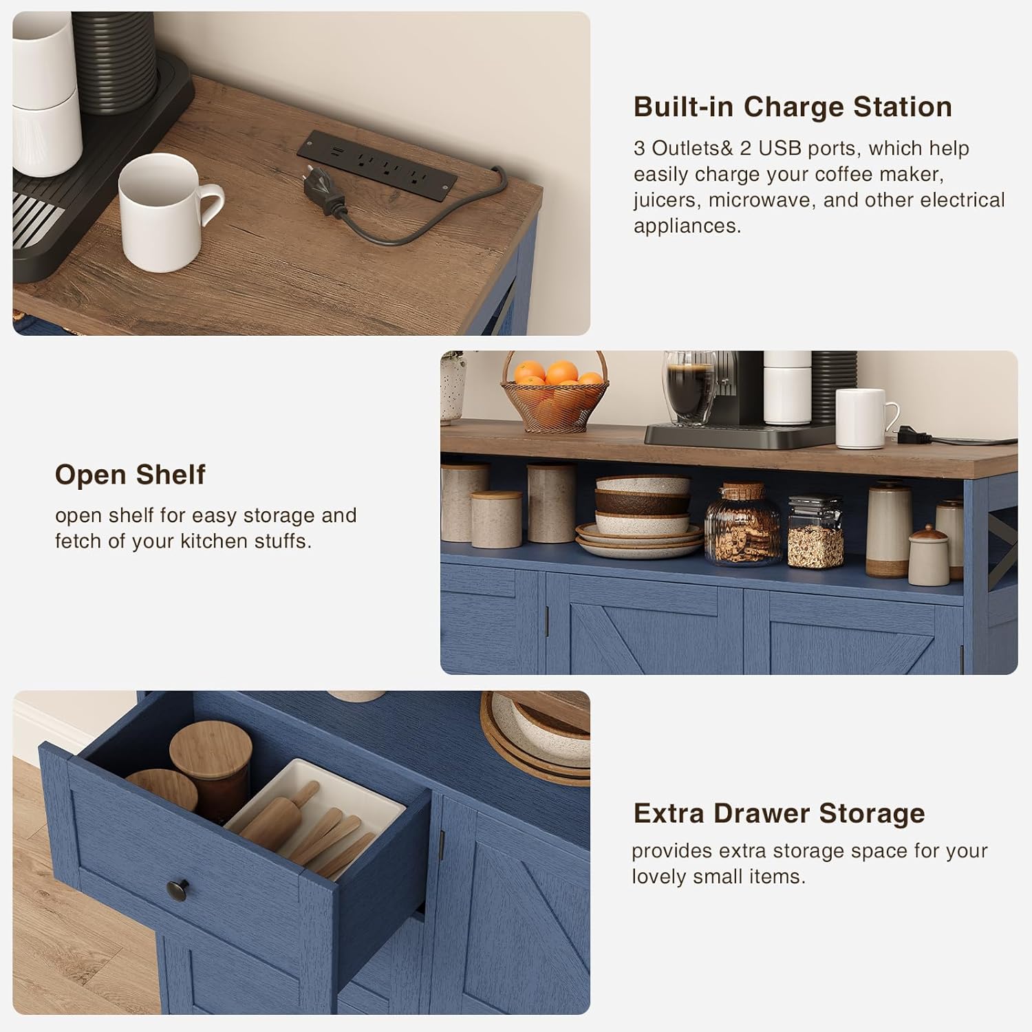 FiveWillowise 47" Blue Farmhouse Storage Cabinet with Barn Doors and Drawers, Sideboard Buffet Cabinet with Storage, Kitchen Pantry Hutch, Coffee Bar Station Table for Kitchen, Living, Dining Room
