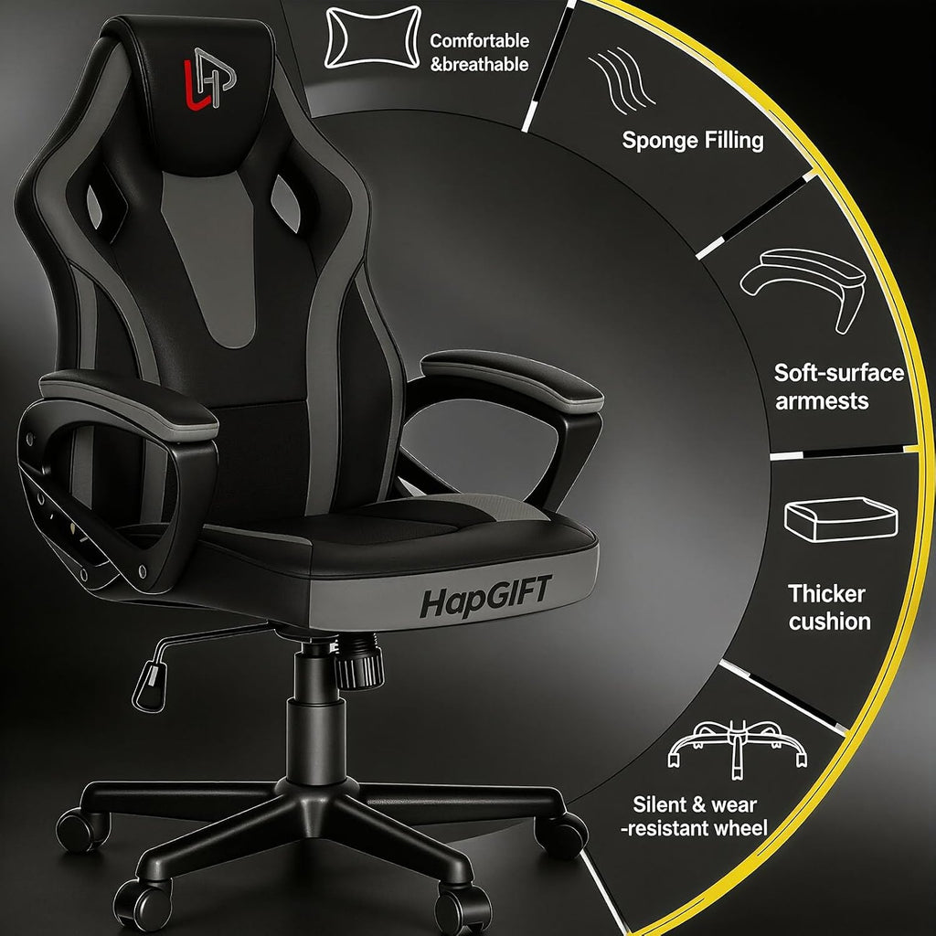 HapGIFT Office Chair, Home Office Chair with Link Armrest, Height Adjustable Computer Chair, Ergonomic PC Work Chair for Adults Teens, PU Leather Gaming Chairs, Gift, 300LBS (BLACK GREY)