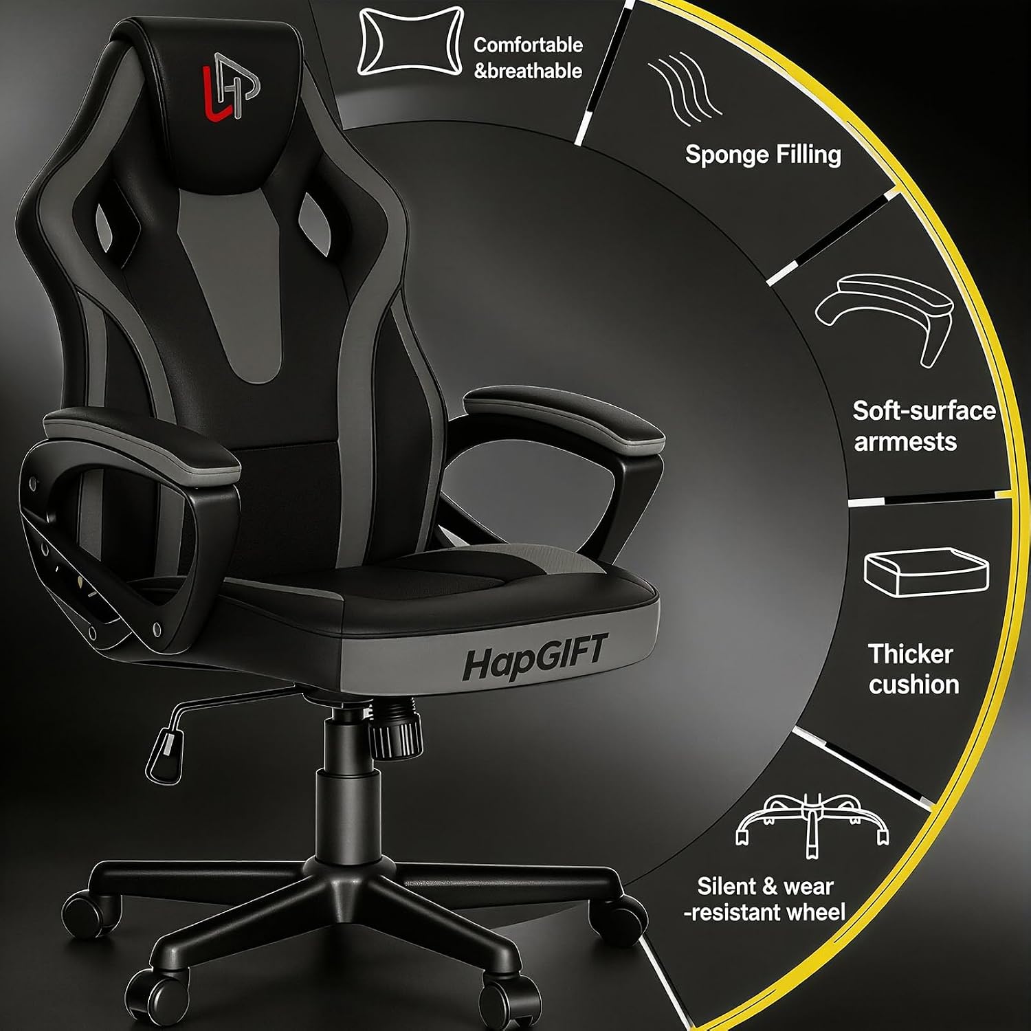 HapGIFT Office Chair, Home Office Chair with Link Armrest, Height Adjustable Computer Chair, Ergonomic PC Work Chair for Adults Teens, PU Leather Gaming Chairs, Gift, 300LBS (BLACK GREY)
