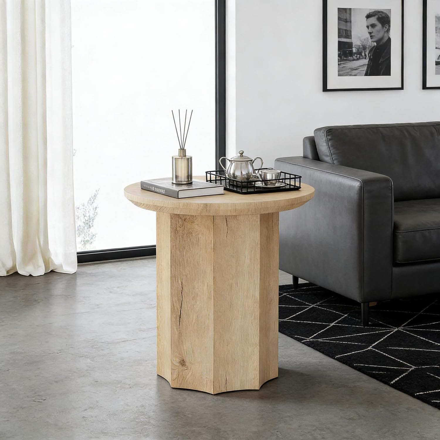 Round End Table, Modern Farmhouse Side Table with Vertical Slatted Base & Wood Grain, Compact Accent Table (19.68" L x 19.68" W x 23.62" H), Anti-Scratch Octagonal Base, Easy Assembly