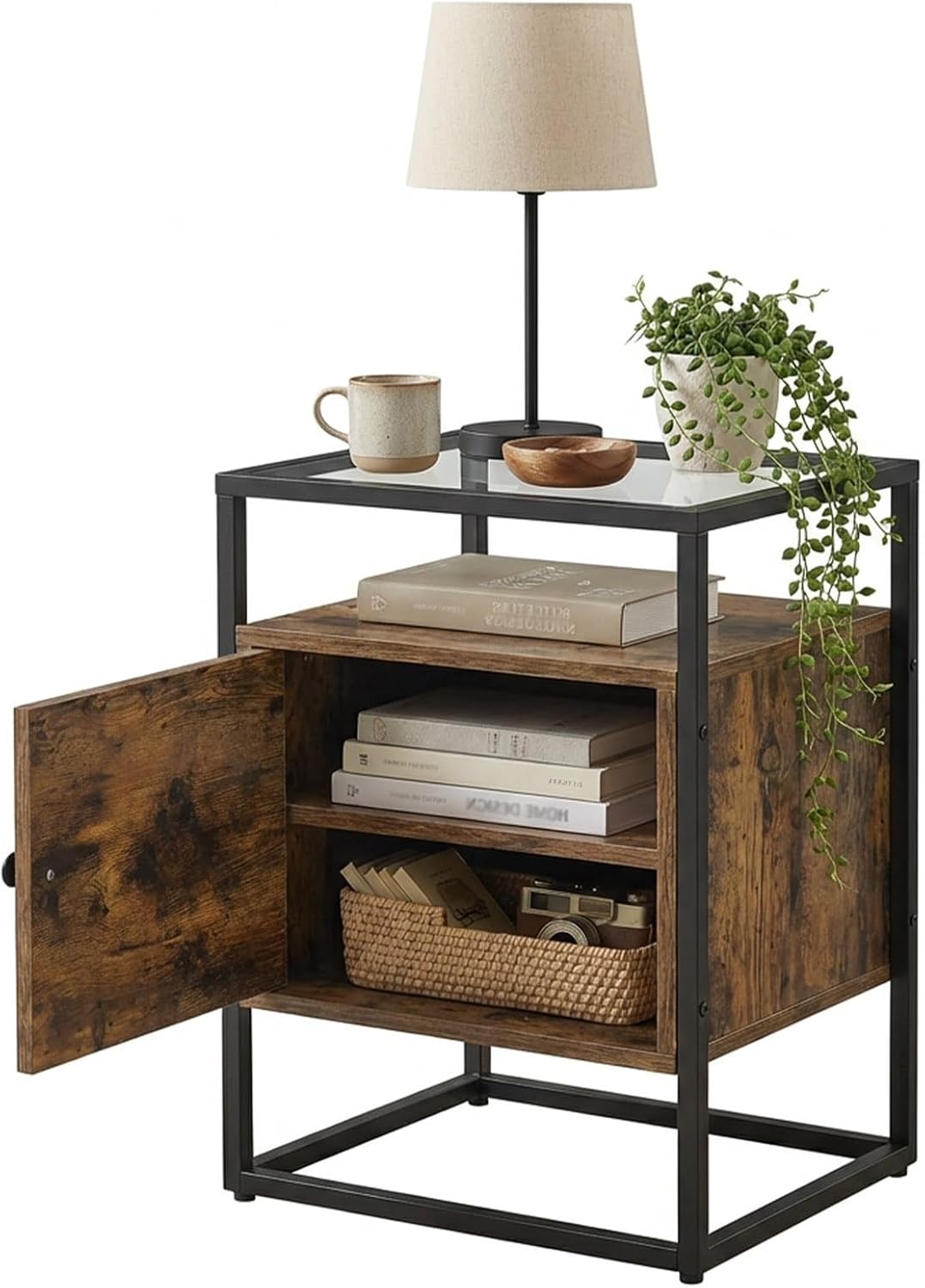 Side Table with 2 Tier Storage Cabinet, Small End Tables Wood Solid with Glass Top, Rustic Industrial Bedside Nightstand for Bedroom, Living Rooms, Small Spaces