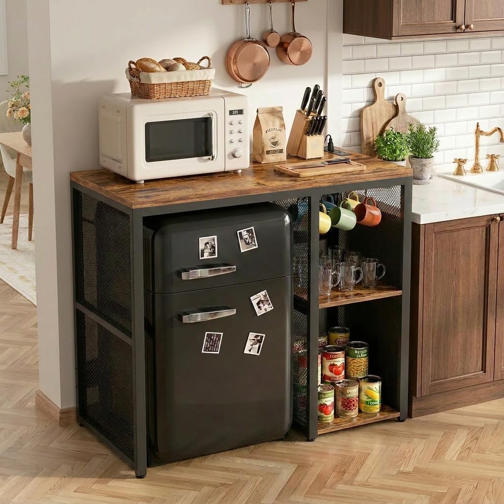 Homieasy Mini Fridge Cabinet with Power Outlet, Coffee Bar Cabinet with Mini Fridge Space, Industrial Liquor Cabinet with Wine Storage & Glass Holder for Dorm, Living Room, Home Kitchen, Rustic Brown