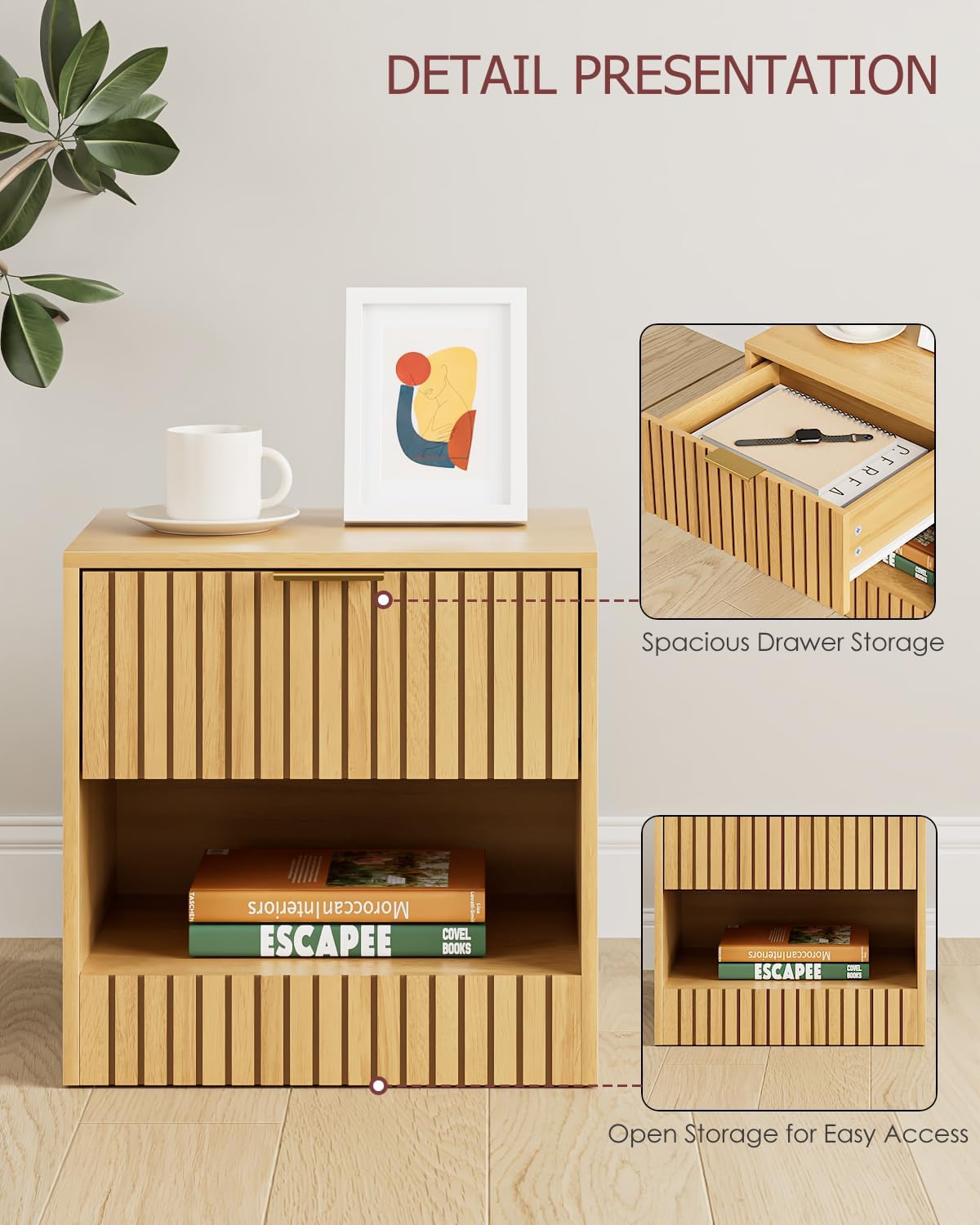 Small Nightstand, Modern Night Stand, Bedside Table with Drawer and Open Shelf, Cube Design, Small Side Table for Bedroom, Living Room, Oak