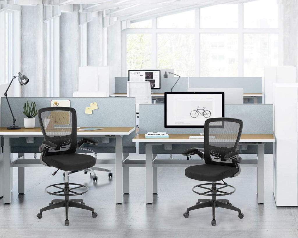BestOffice Drafting Chair Tall Office Chair Adjustable Height with Lumbar Support Flip Up Arms Footrest Mid Back Task Mesh Desk Chair Computer Chair Drafting Stool for Standing Desk, Black