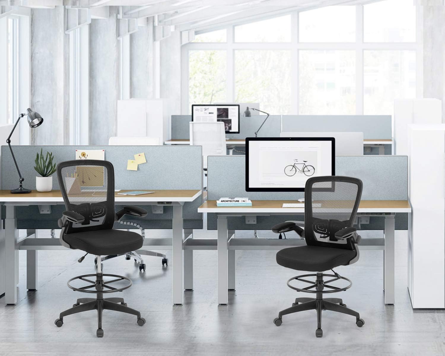 BestOffice Drafting Chair Tall Office Chair Adjustable Height with Lumbar Support Flip Up Arms Footrest Mid Back Task Mesh Desk Chair Computer Chair Drafting Stool for Standing Desk, Black