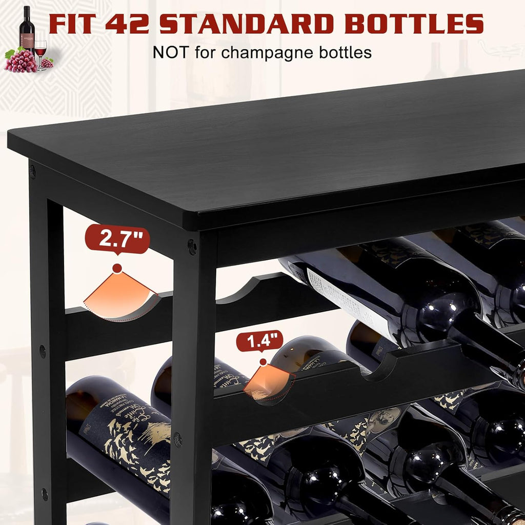 Bamboo Wine Rack Freestanding Floor, 7-Tier 42-Bottle Wine Storage Shelf with Table Top - Black