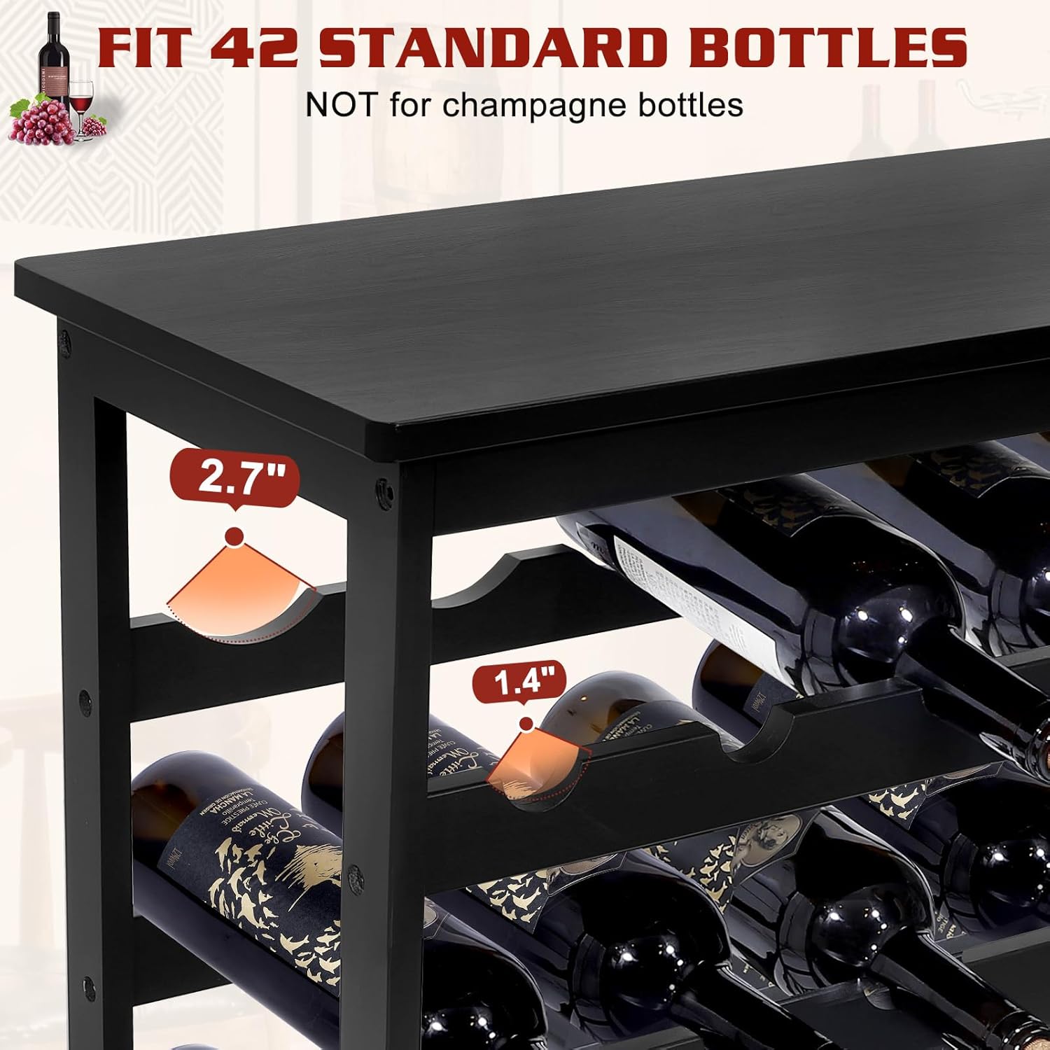 Bamboo Wine Rack Freestanding Floor, 7-Tier 42-Bottle Wine Storage Shelf with Table Top - Black
