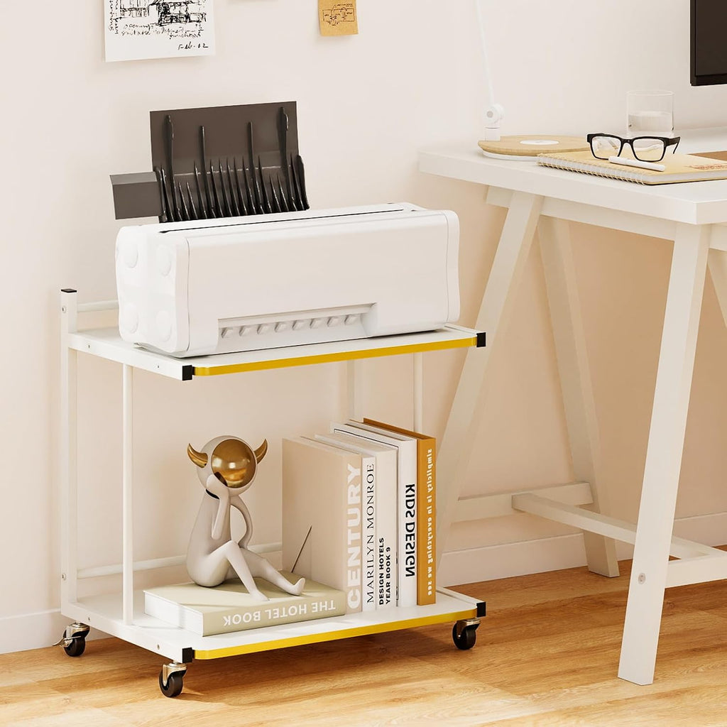 GOFLAME Rolling C-Shaped End Table, Couch Sofa Bed Side Table on Wheels, Open Shelves & Golden Edge, Modern, 2-Tier Narrow Compact Night Stand for Living Room, Bedroom, Home Office, White (1)