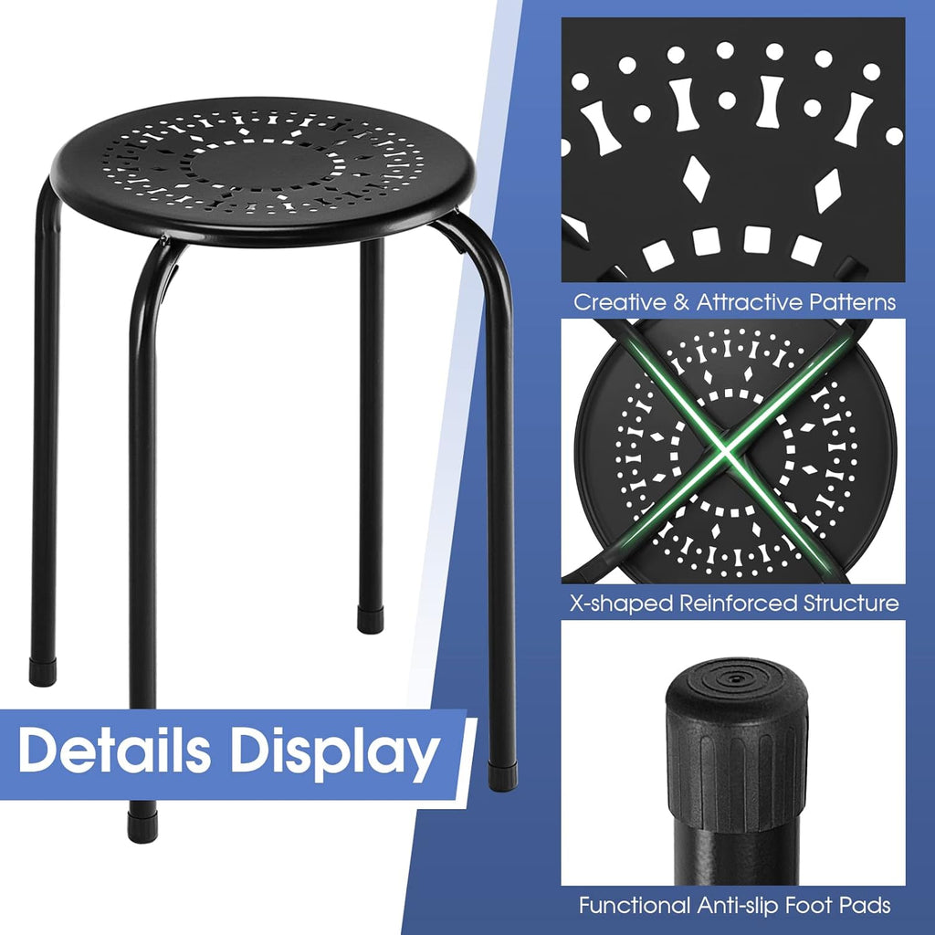 COSTWAY 6-Pack Steel Stack Stools, 17.5-Inch Height Portable Stackable Backless School Stools with Daisy Design, Round Classroom Decoration Stools Set of 6 for Kids Children Students, Black