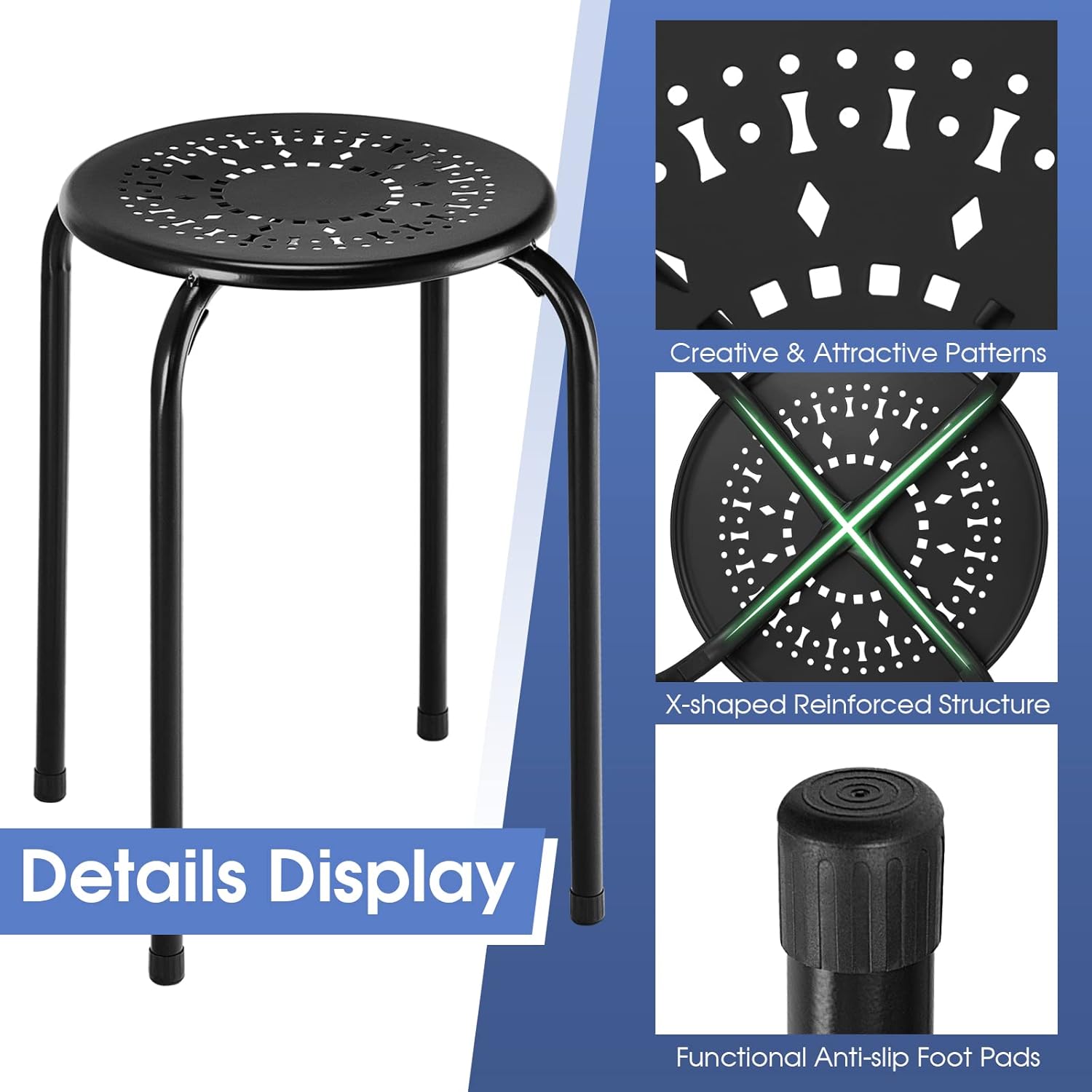 COSTWAY 6-Pack Steel Stack Stools, 17.5-Inch Height Portable Stackable Backless School Stools with Daisy Design, Round Classroom Decoration Stools Set of 6 for Kids Children Students, Black