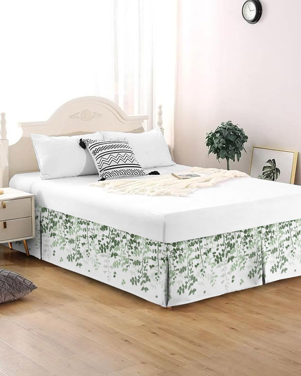 Bed Skirts Queen Size 18 Inch Tailored Drop Sage Green Leaves Wrap Around Bed Skirt with Split Corners Hotel Quality Bedskirt Farmhouses Leaf Branches Dust Ruffle for Queen Bed Skirt Bedroom Decor