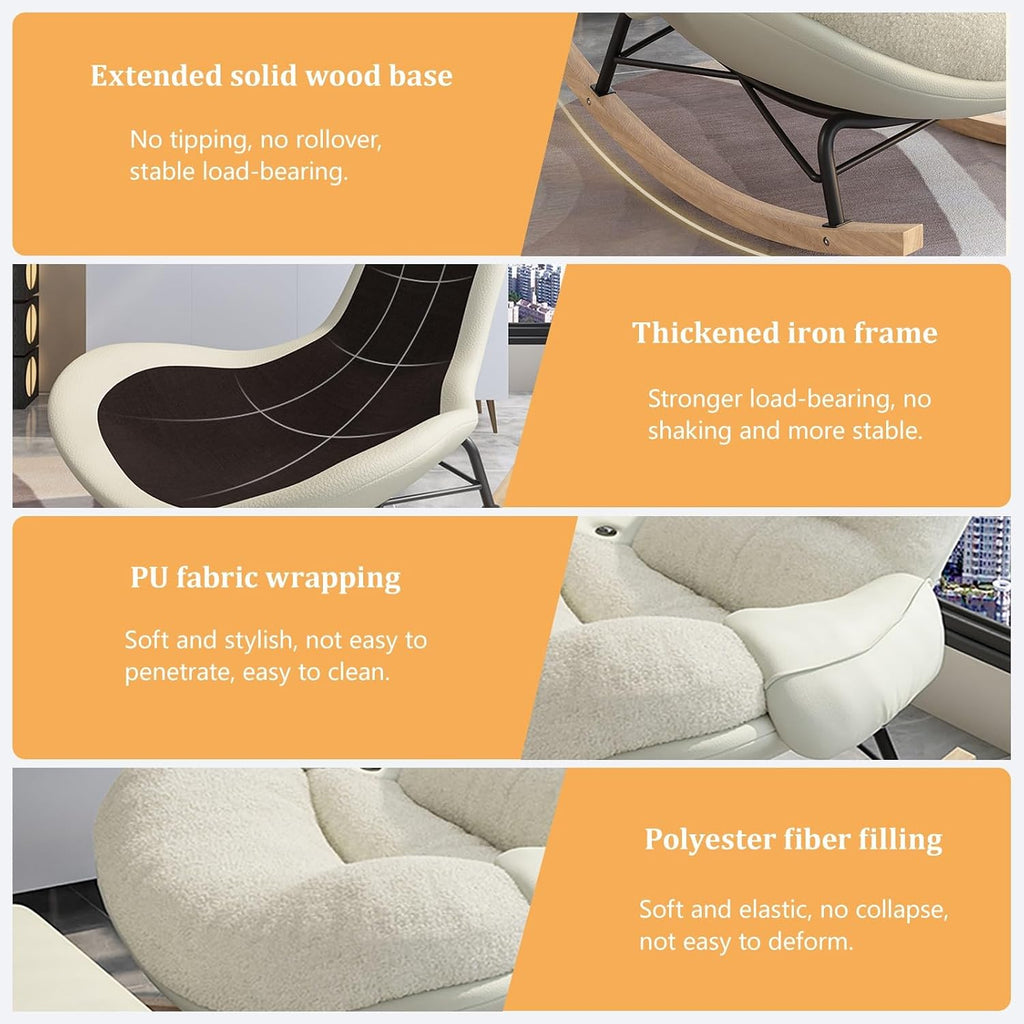 Modern Accent Rocking Chair with Armrests, Nursery Rocking Chairs with Ottoman, Upholstered Recliner Chair High Back, Ergonomic Design, Sled-Style Solid Wood Base, Wide Seat Surface for Bedroom(Khaki)