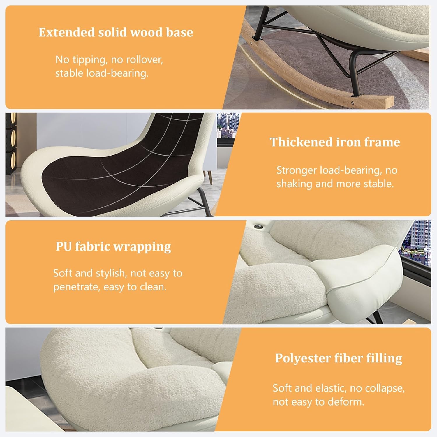 Modern Accent Rocking Chair with Armrests, Nursery Rocking Chairs with Ottoman, Upholstered Recliner Chair High Back, Ergonomic Design, Sled-Style Solid Wood Base, Wide Seat Surface for Bedroom(Khaki)