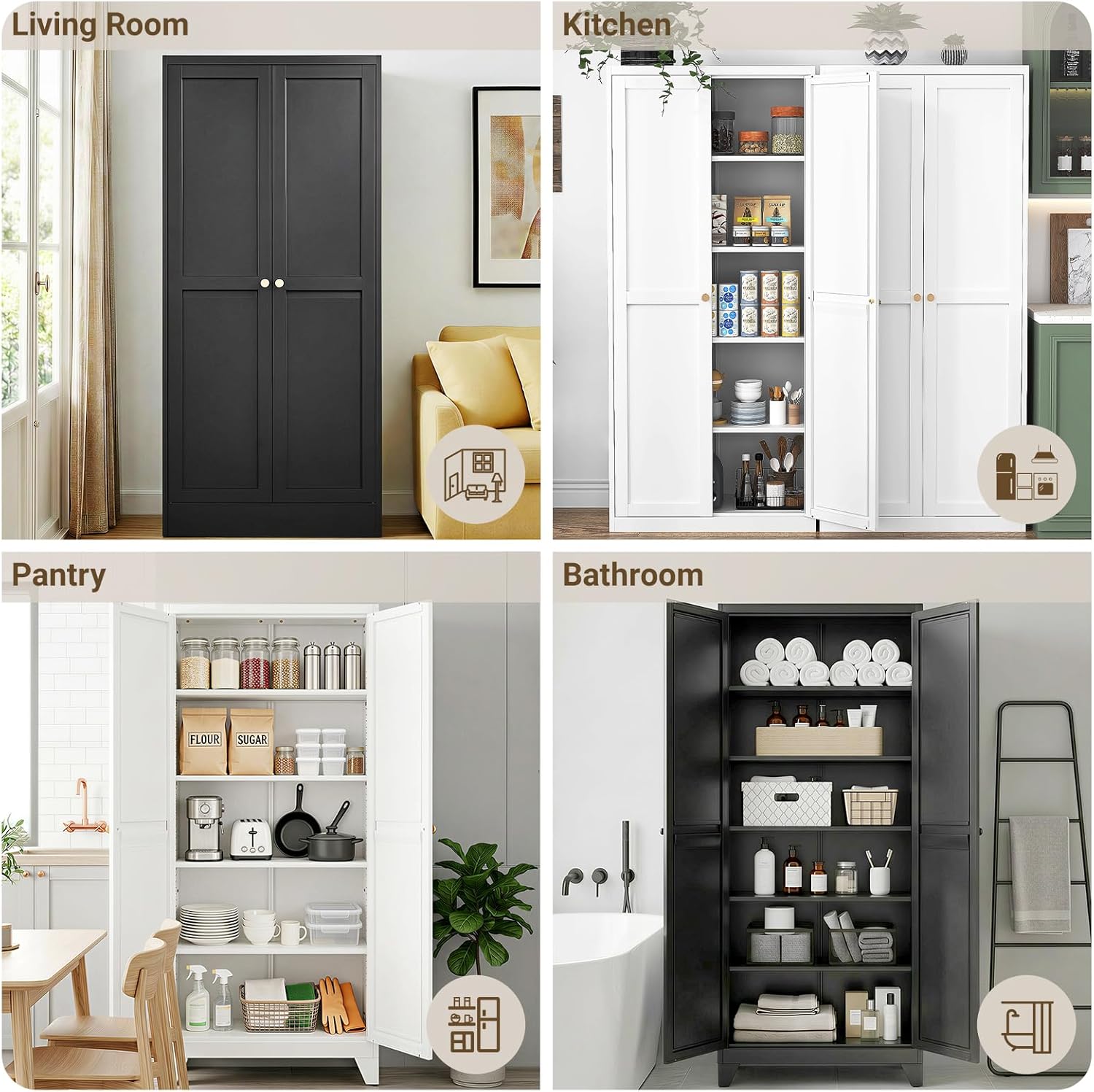 71" Tall Metal Kitchen Pantry Cabinet, Freestanding Steel Storage Cabinet with Doors, 4 Adjustable Shelves, for Dining Room, White