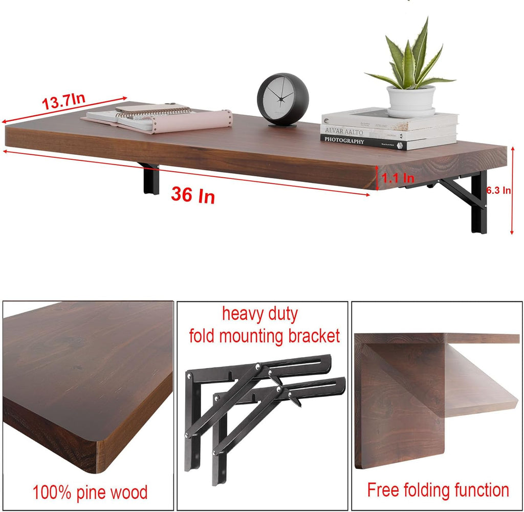 IAE Wall Mounted Folding Table with Pine Wood,36" x 14" Floating Wall Desk,Laundry Folding Table with Shelf Brackets,Fold Down Desk Shelf,Fold Workbench for Apartments,Home,Laundry Room,Kitchen,Brown