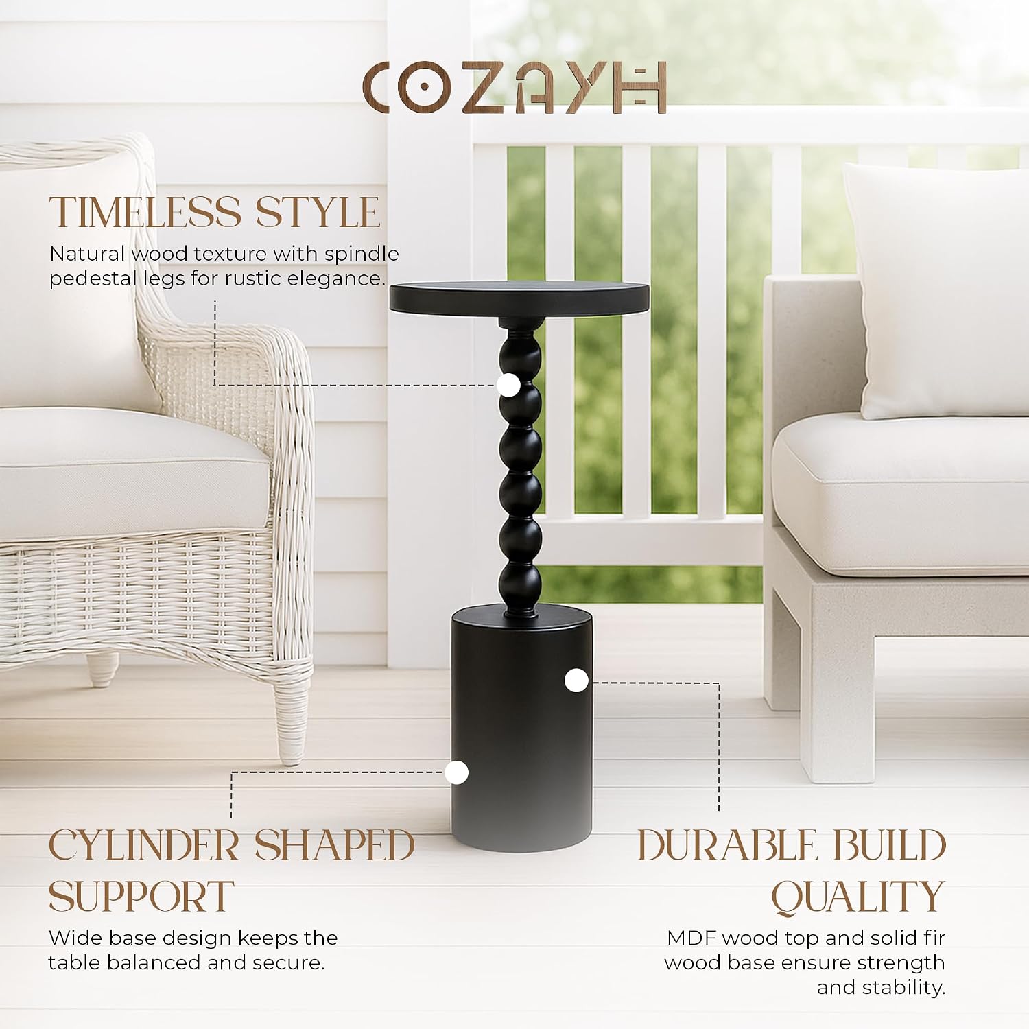 COZAYH Farmhouse Pedestal End Table, Rustic Wood Drink Table with Base, Round Martini Table for Small Space Living Room, Bedroom, Black