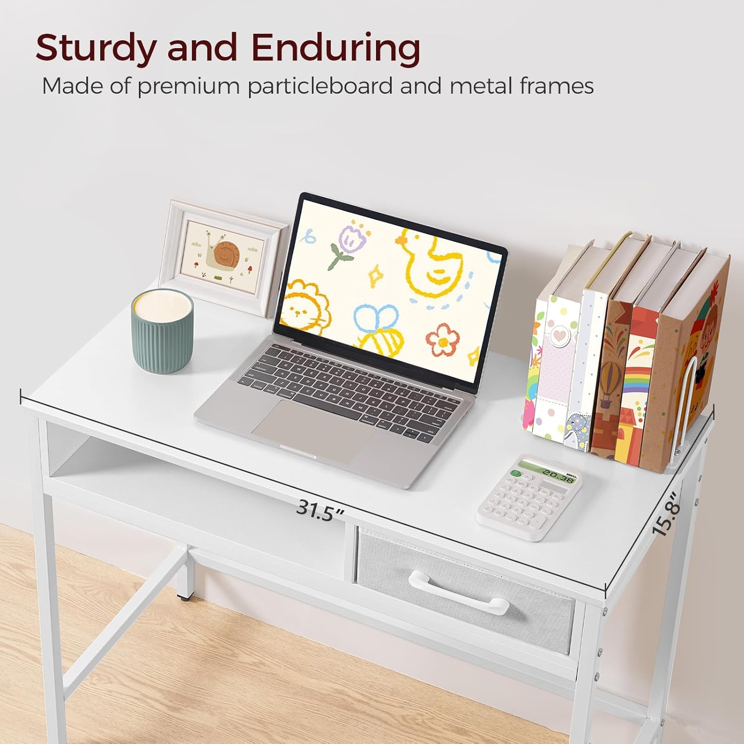 MAHANCRIS Kids Desk and Chair Set, Student Writing Desk, Kids Study Desk with Book Sorter and Fabric Drawer, Kids Wooden Study Table, for Study, Kids Room, Bedroom, White KDBW11901N1