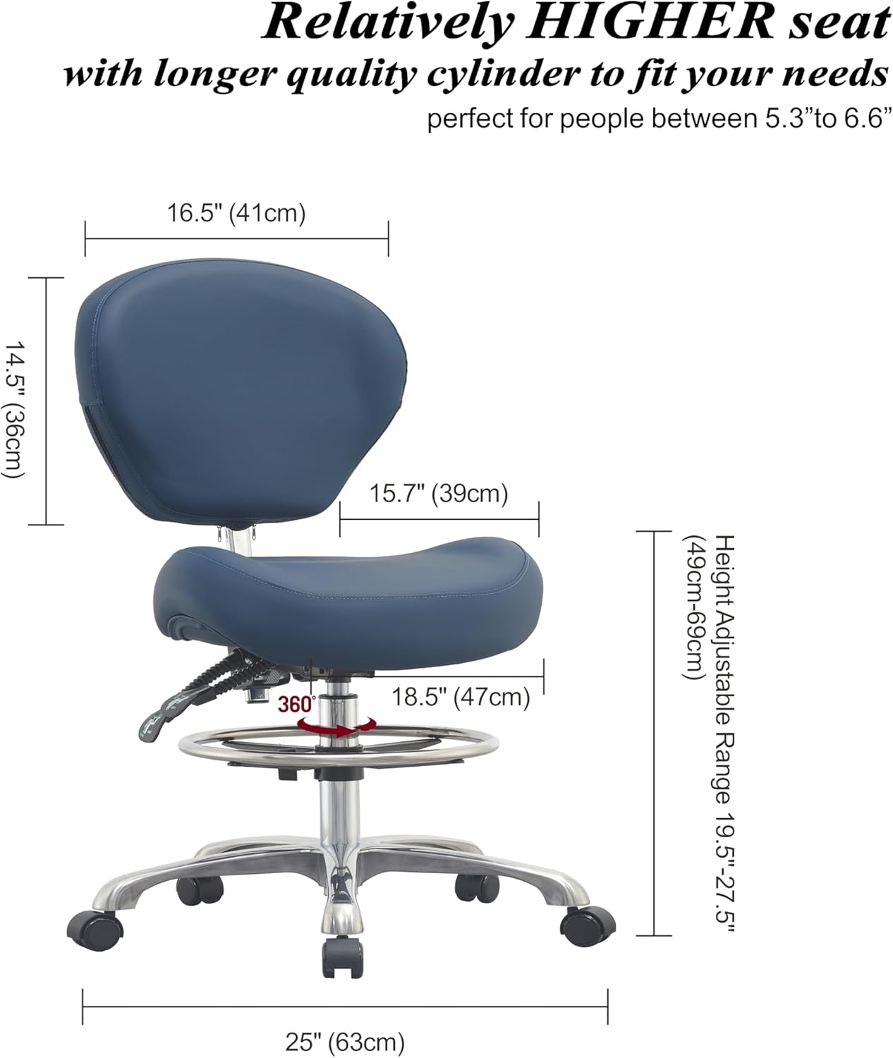 Rolling Drafting Stool Chair with Back Support - Shop Stool with Backrest, Home Office Stool Chair, Height Adjustable Stool with Wheels for Computer, Office, Studio…