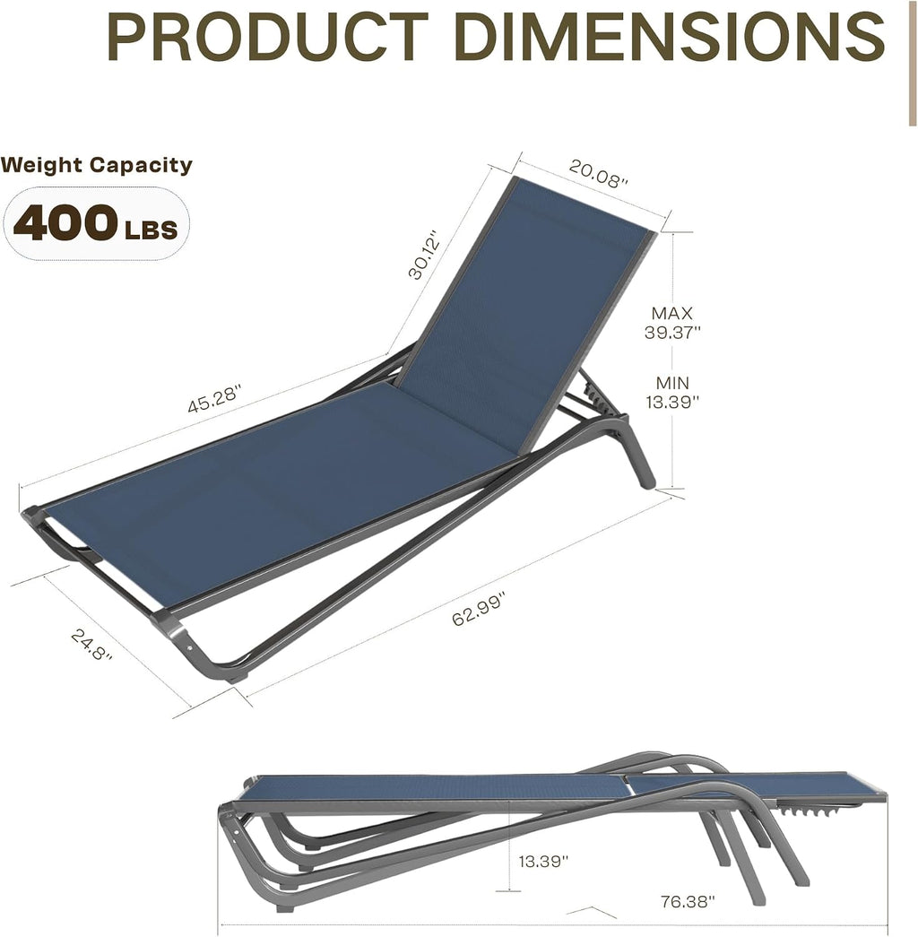 Kingdura Chaise Lounge Chairs Set of 2 for Pool, Aluminum Outdoor Lounge Chairs with 5 Positions Recliner, Lightweight Pool Lounger Lounge Chairs for Outside Patio Deck Poolside (Navy Blue, 2 Chair)