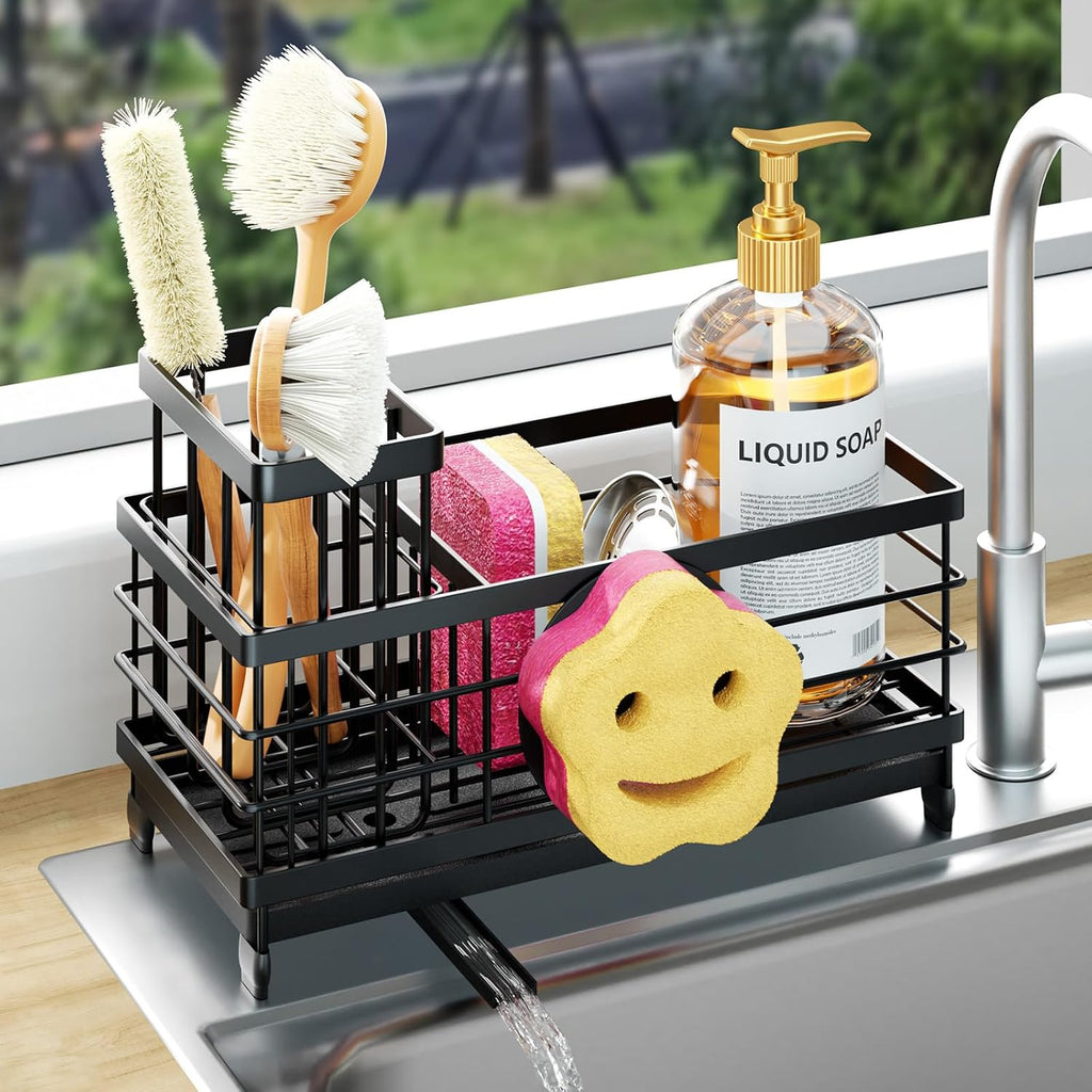HapiRm Sponge Holder for Kitchen Sink - Self-draining Sink Caddy with Smiley Face and Brush Holder, Stainless Steel Kitchen Countertop Essentials and Gadgets - Black