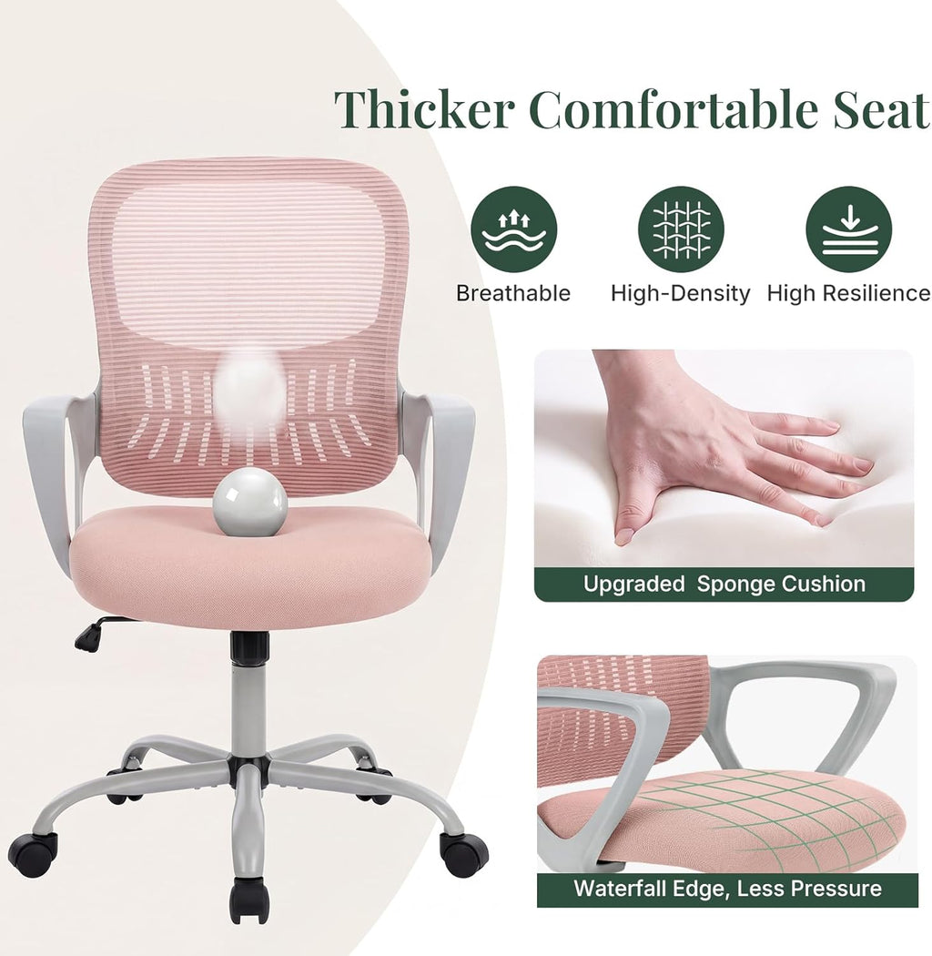 Home Office Desk Chair, Ergonomic Mid-Back Mesh Computer Chair with Comfortable Lumbar Support, Height Adjustable Swivel Task Chair with Fixed Armrest for Adults, Student, Pink