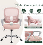 Home Office Desk Chair, Ergonomic Mid-Back Mesh Computer Chair with Comfortable Lumbar Support, Height Adjustable Swivel Task Chair with Fixed Armrest for Adults, Student, Pink