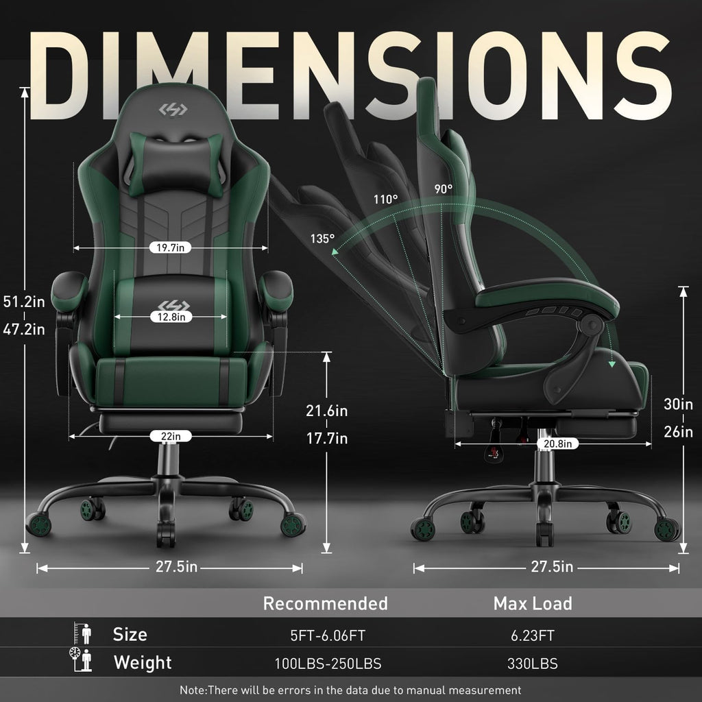 HLDIRECT Gaming Chair, Ergonomic Video Game Seat with 360° Swivel & Lumbar Massage, Computer Chair PU Leather Cushion for Adults Home/Office Use (Black & Green)