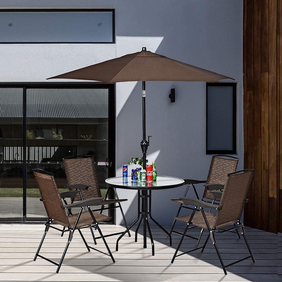 Moccha Set of 4 Patio Folding Chairs, Height Adjustable Sling Backrest Chairs with Armrest, Weather-Resistant Chairs Portable for Outdoor Indoor Garden Pool Beach, Deck Lounge Chairs, Brown